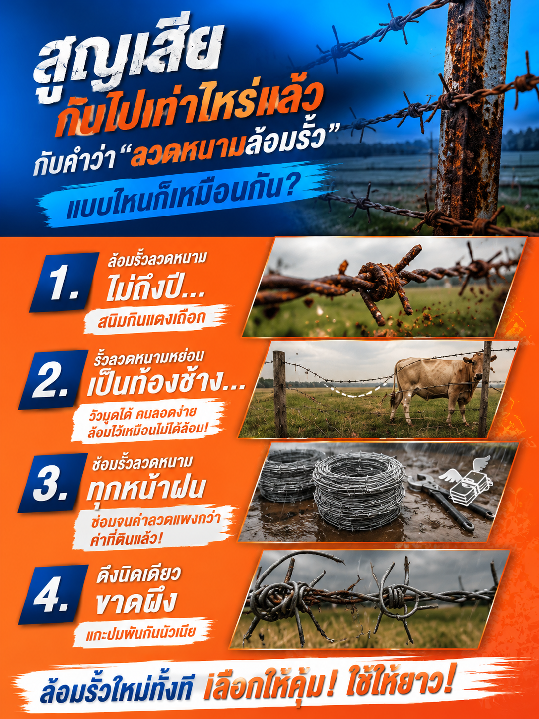 ปัญหาลวดหนามล้อมรั้ว สนิมกิน รั้วหย่อน ซ่อมบ่อย ลวดขาดง่าย วิธีเลือกลวดหนามคุณภาพให้ใช้งานได้นาน
