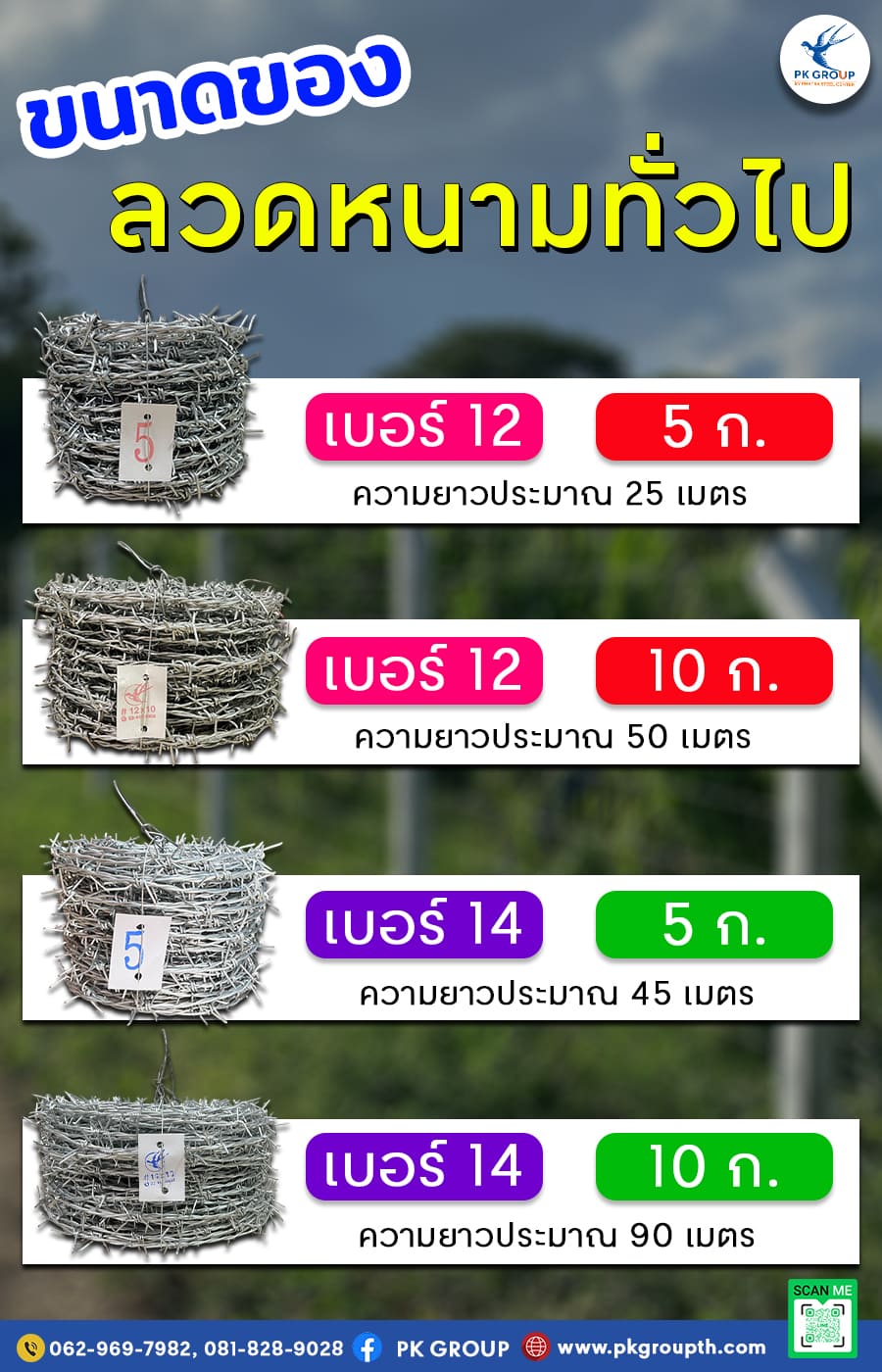 ขนาดของลวดหนามทั่วไป